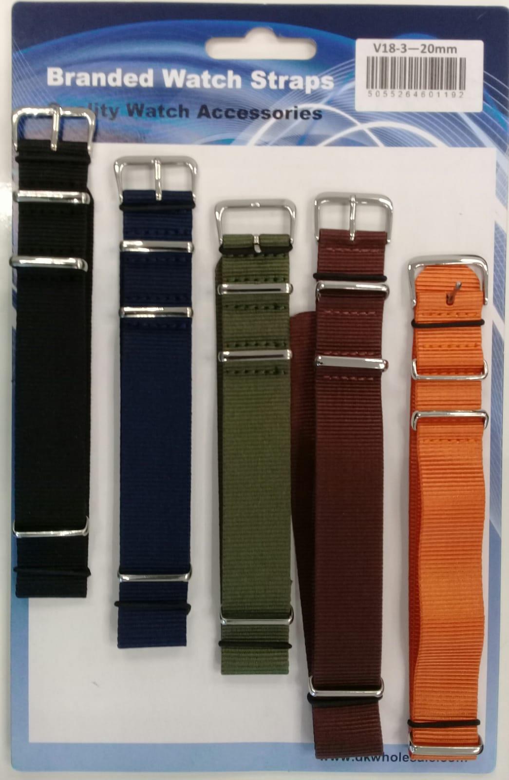 Nato style fabric watch strap 5pk assorted plain colours V18.24mm