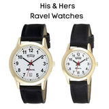 Ravel Mens Gilt Day/Date  Faux Leather Strap Watch + Ravel Womens Gilt Day/Date  Faux Leather Strap Watch R0706.19.1+R0706.19.2