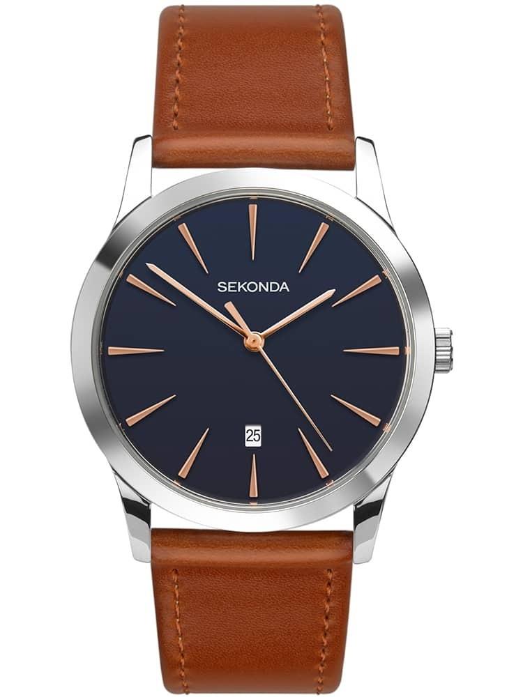 Sekonda Men's Dated Navy Blue Dial Watch Silver Case Brown Leather Strap 1559