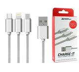 Advanced Accessories 3 in 1 USB Cable 1.2 Metre (Lightning/USB-C/Micro)- Silver