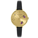 Amelia Austin Womens Bumble Bee Pale Gold Red Stone Set Etched Dial Black Leather Strap Watch AA2006