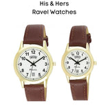 Ravel Gents Gilt Day/Date Brown Faux Leather Strap Watch + Ravel Ladies Gilt Day/Date Brown Faux Leather Strap Watch