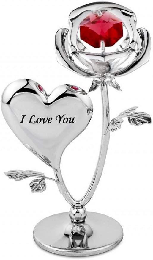 Crystocraft Crystocraft I Love You Rose Crystal Ornament with Swarovski Elements with Red Crystal Gift Boxed Chrome Plated