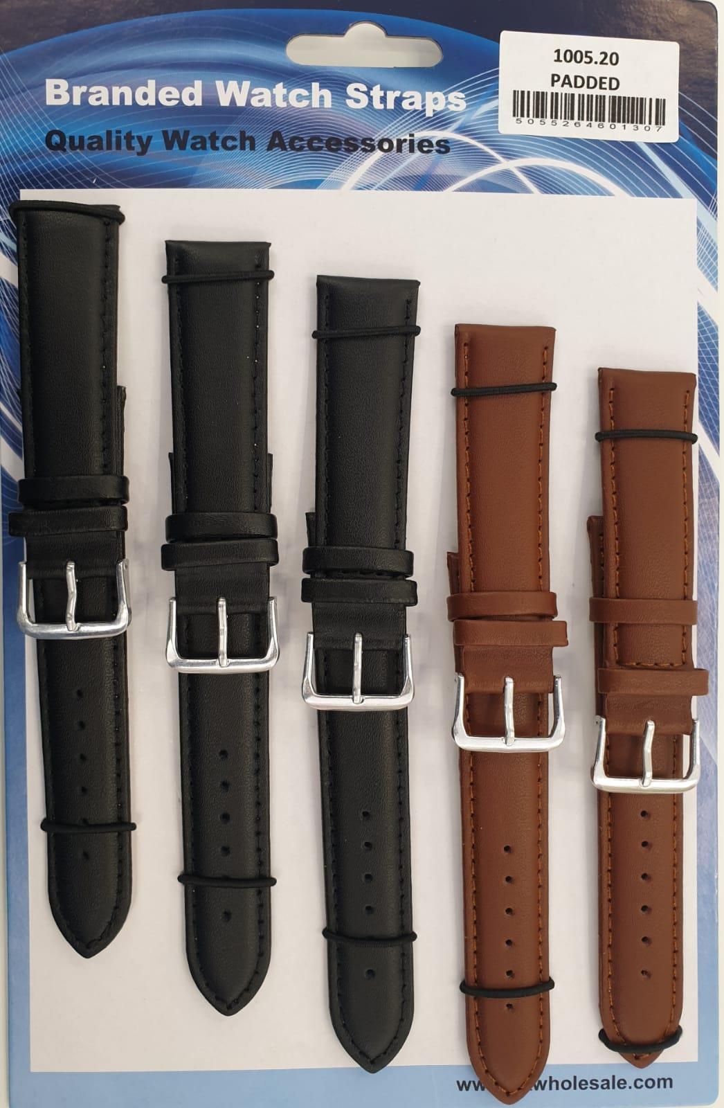 1005 Padded Leather Watch Straps Pk5 Black & Brown mixed 20mm