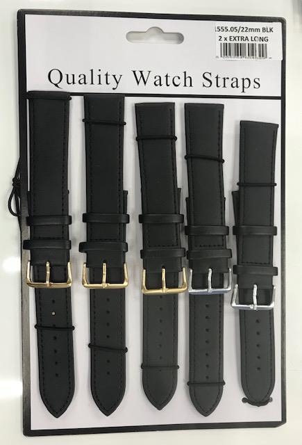 1555.05 22MM 2X EXTRA LONG BLACK LEATHER WATCH STRAPS PK5
