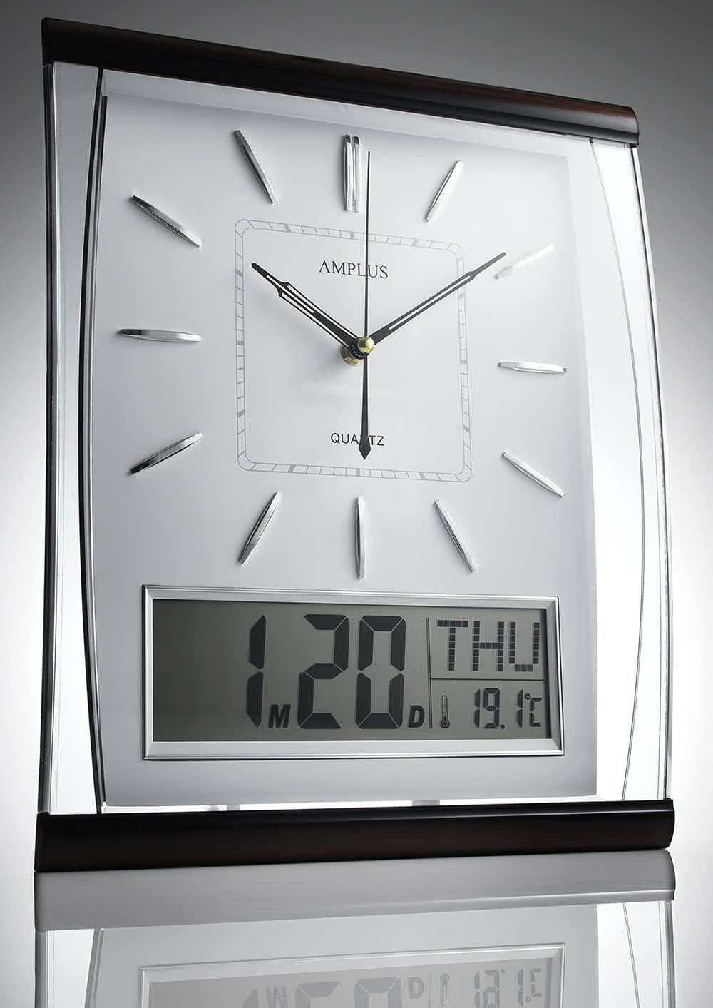AMPLUS Silent Sweep With Large Digital Month/Date/Day Calendar Display In White Wall Clock PW066-1706-2