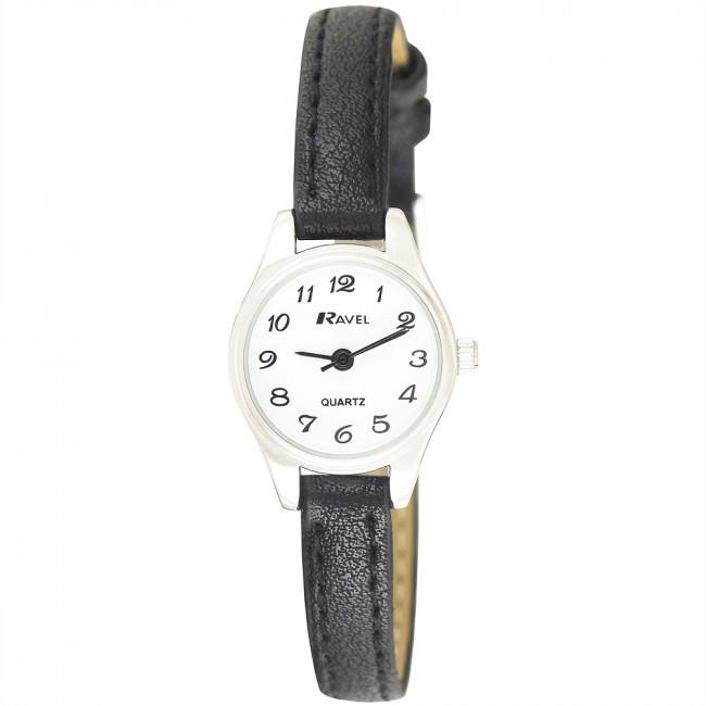 Ravel Womens Polished Round Petite Sillver Case Black Strap Watch R0124.13.2