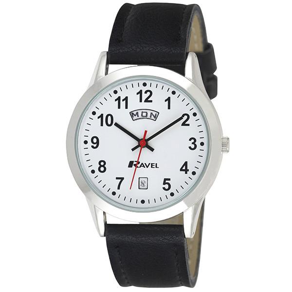 Ravel Mens Stainless Steel Day/Date  Faux Leather Strap Watch R0706.20.1